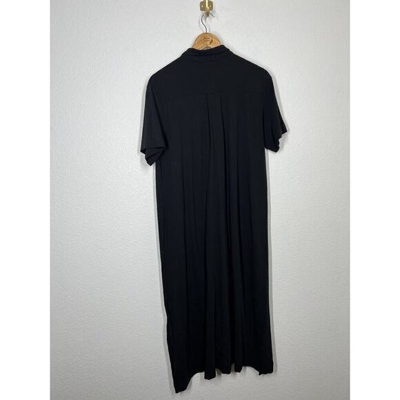 ATM Black Jersey Midi Shirt Dress Large L Button Front Pockets - Picture 5 of 6